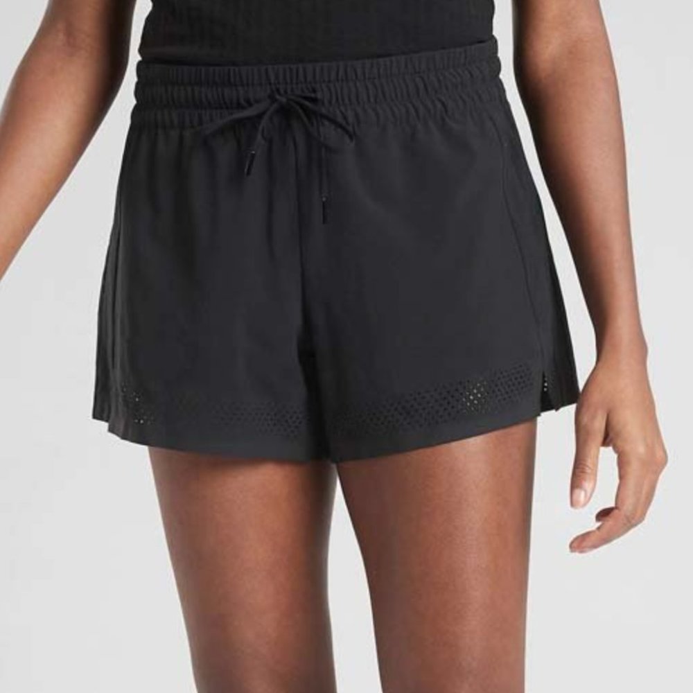 Athleta Athletic Baja Laser Cut Shorts Black with Pockets | Drawstring waist
